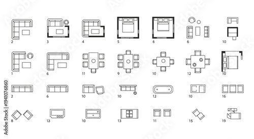 minimalist architectural furniture icons collection top view vector symbols for interior design floor plan layouts.
