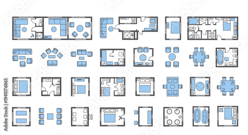 floor plans and furniture layouts collection illustrating interior design for home planning and architectural projects