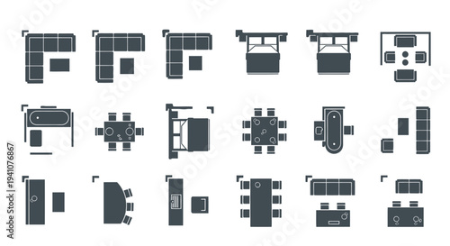 top view furniture and room layout icons for architectural floor plans and modern interior design projects