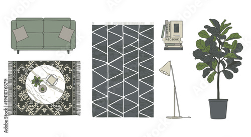 top view illustration of modern home interior design elements sofa coffee table two rugs books lamp and houseplant perfect for room layout planning.