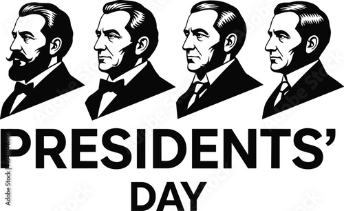 United States Presidents Day vector illustration featuring black and white profile silhouettes of four historical presidents for American national holiday celebration posters and banners.
