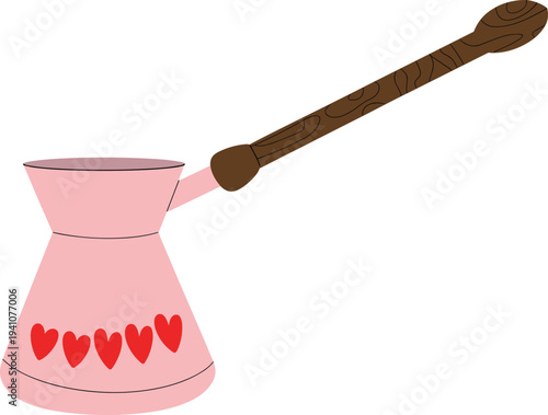 Minimalist Turkish coffee pot cezve with wooden handle, pink design with red hearts, cute kitchen illustration isolated on light background
