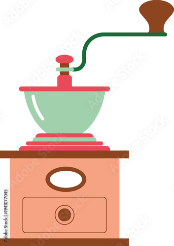 Minimalist vintage coffee grinder illustration, manual hand crank coffee mill, retro kitchen tool, flat design coffee brewing concept isolated