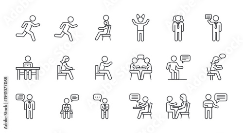 diverse set of line art business people icons depicting various actions like working running and communicating useful for modern designs.