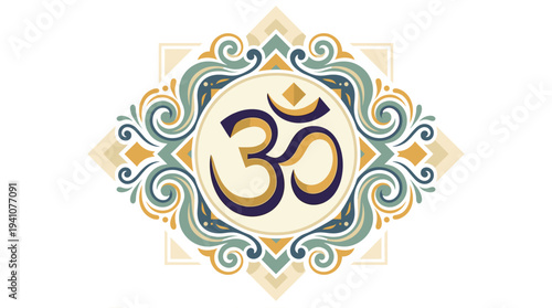 Golden decorative Bengali Om vector symbol inside an elegant floral mandala border with vintage swirl ornaments, perfect for spiritual yoga and meditation backgrounds.
