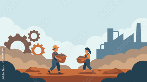 Child labour vector illustration showing two young kids in hard hats carrying heavy baskets of coal or dirt near an industrial factory with gears, representing exploitation.