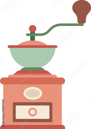 Vintage manual coffee grinder illustration, retro kitchen coffee mill, hand crank grinder icon, flat design, brewing equipment, cafe tool