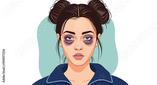 Tired young woman with dark circles under her eyes and messy buns looks exhausted due to lack of sleep or stress.