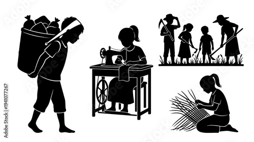 Child labour vector silhouettes showing kids carrying heavy sacks, sewing, farming and weaving baskets. Illustration of poverty, exploitation and illegal underage work awareness.