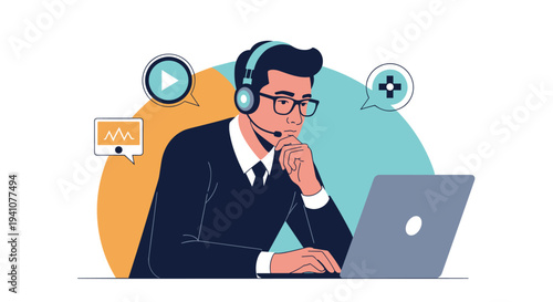 Focused male professional with a headset working on a laptop while managing online communication or technical support.