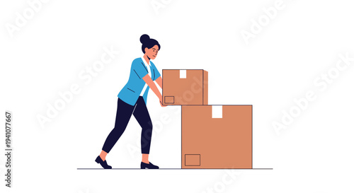 Energetic young woman wearing a blue jacket moving large cardboard boxes during an office or home relocation process.