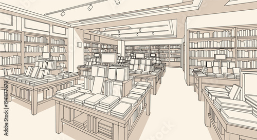 Detailed sepia-toned illustration of a large bookstore interior with rows of bookshelves and tables filled with books.