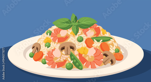 Delicious plate of freshly prepared shrimp fried rice garnished with mushrooms, carrots, peas, and green basil leaves.