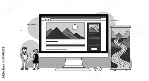 Professional team analyzing a website design layout on a large computer monitor in a modern studio environment.