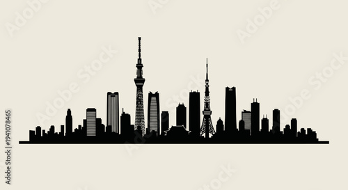 Black silhouette of city skyline buildings.