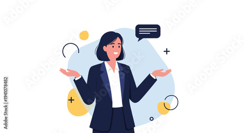 Confident businesswoman in a dark blue professional suit shrugging with open hands to express uncertainty or choice.