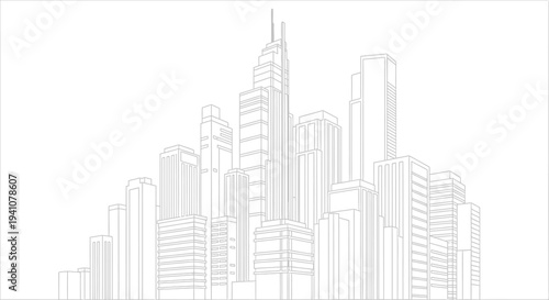 City skyline with tall buildings.
