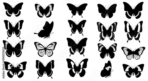 Collection of black butterfly silhouettes.