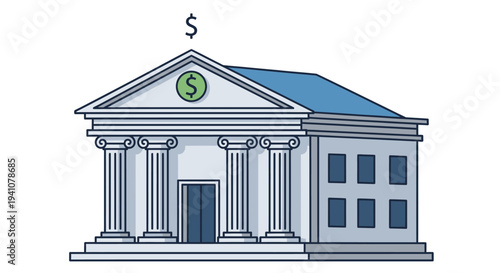 Bank Building with Columns and Dollar.