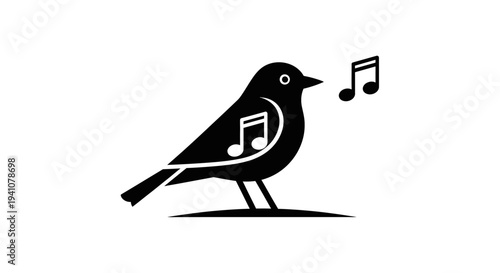 Bird Singing Musical Notes Silhouette Icon.