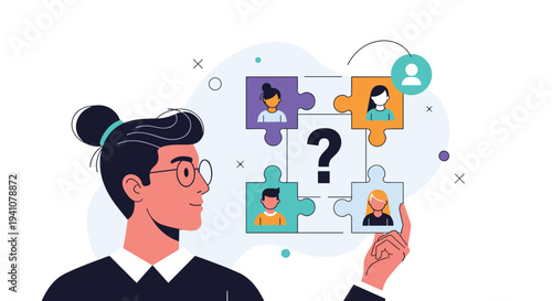 Professional woman with glasses looking at a puzzle of human portraits with a question mark to symbolize recruitment.