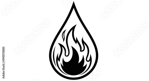 Black flame in water drop icon.