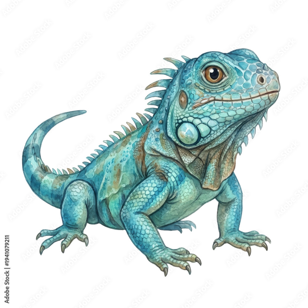 Obraz premium A detailed watercolor illustration of a vibrant blue iguana with spiky crests and scales, isolated on a white background.
