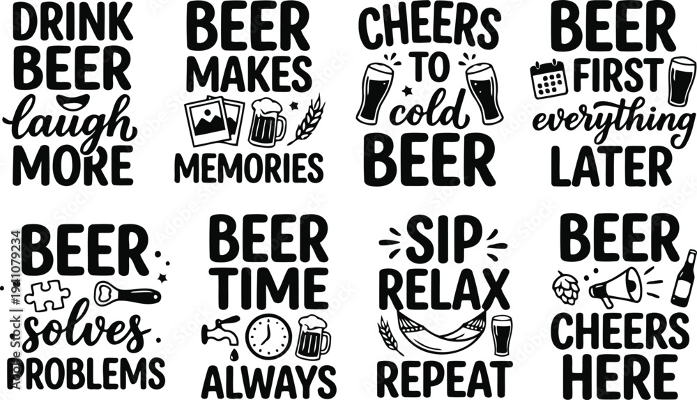 Obraz premium Funny Beer Quote Typography Bundle Drink Beer Laugh More Drinking Humor Lettering Set
