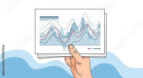 Professional hand holding a stack of papers with detailed multi-line graphs and statistical charts for data analysis.