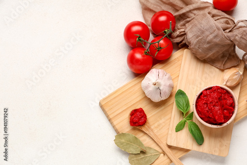 Bowl of tasty tomato paste with garlic, basil and bay leaves on white background
