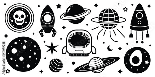 Space icons set, black and white, astronomy symbols