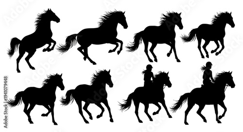 Collection of black horse silhouettes in dynamic poses on transparent background