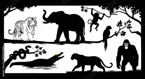 African wildlife scene with tiger elephant and monkey silhouette on transparent background