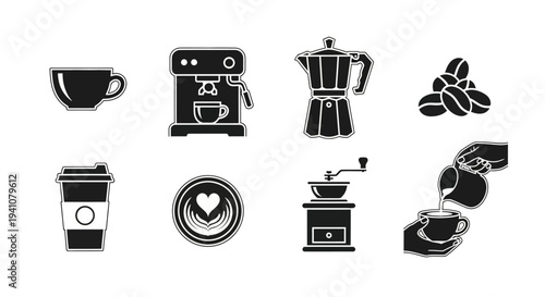 Black coffee related icons with various equipment on transparent background silhouette