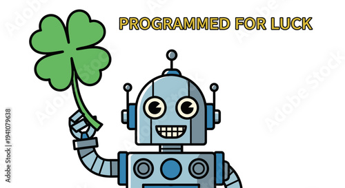 Robot holding a four leaf clover with text on transparent background silhouette