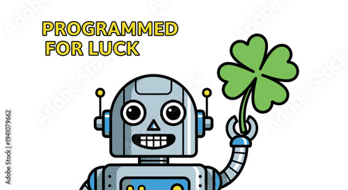 Robot holding a four leaf clover a lucky charm on transparent background silhouette
