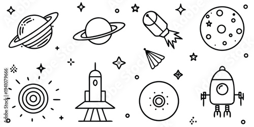 Space icons set with planets, rockets and stars