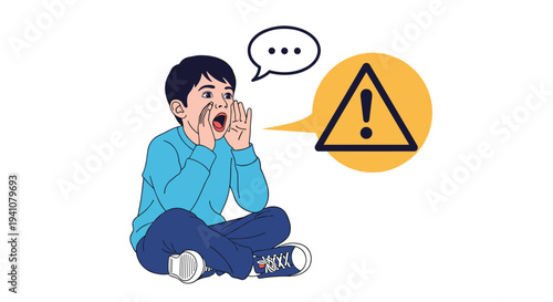 Young boy in a blue sweater sits and shouts loudly with hands cupped around his mouth next to a yellow warning sign and speech bubble.