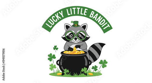 Lucky little bandit raccoon with pot of gold on transparent background silhouette