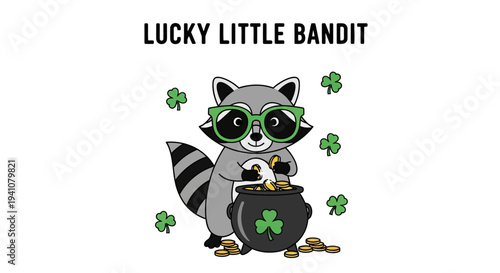 Lucky little bandit raccoon with pot of gold on transparent background silhouette