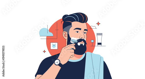 Handsome man with a dark beard and stylish haircut applies shaving cream and uses a razor to shave his face in a modern bathroom setting.