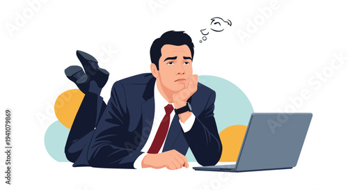 Bored or tired businessman in a formal suit lies on the floor while looking at his laptop with a thinking cloud icon above his head.