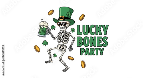Festive skeleton celebrating st patrick s day with luck on transparent background silhouette