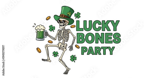 A festive skeleton with lucky charms and text on transparent background silhouette