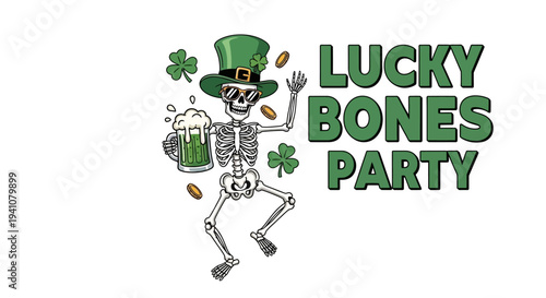 A festive skeleton with lucky charms and beer on transparent background silhouette