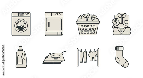 Laundry appliances and clothing line art icons on transparent background silhouette