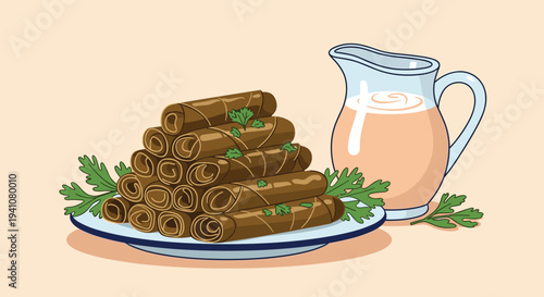 Plate of traditional stuffed grape leaves called dolma served with fresh herbs and a pitcher of creamy yogurt sauce on the side.