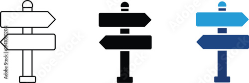 Directional signpost icon showing strategic decision making and navigation. Wayfinding illustration for business guidance, career path options, travel destination choices, and road information