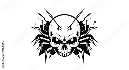 Intricate black and white illustration of a skull merged with mechanical spider-like legs and electronic components in a cyberpunk style.