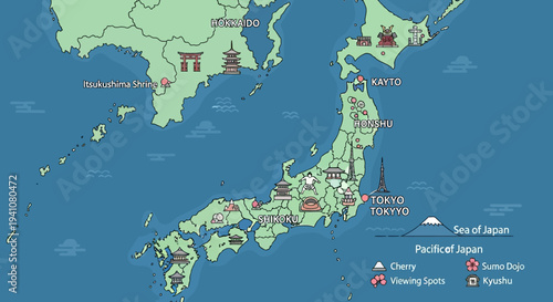 Illustrated Map of Japan with Major Cities and Landmarks